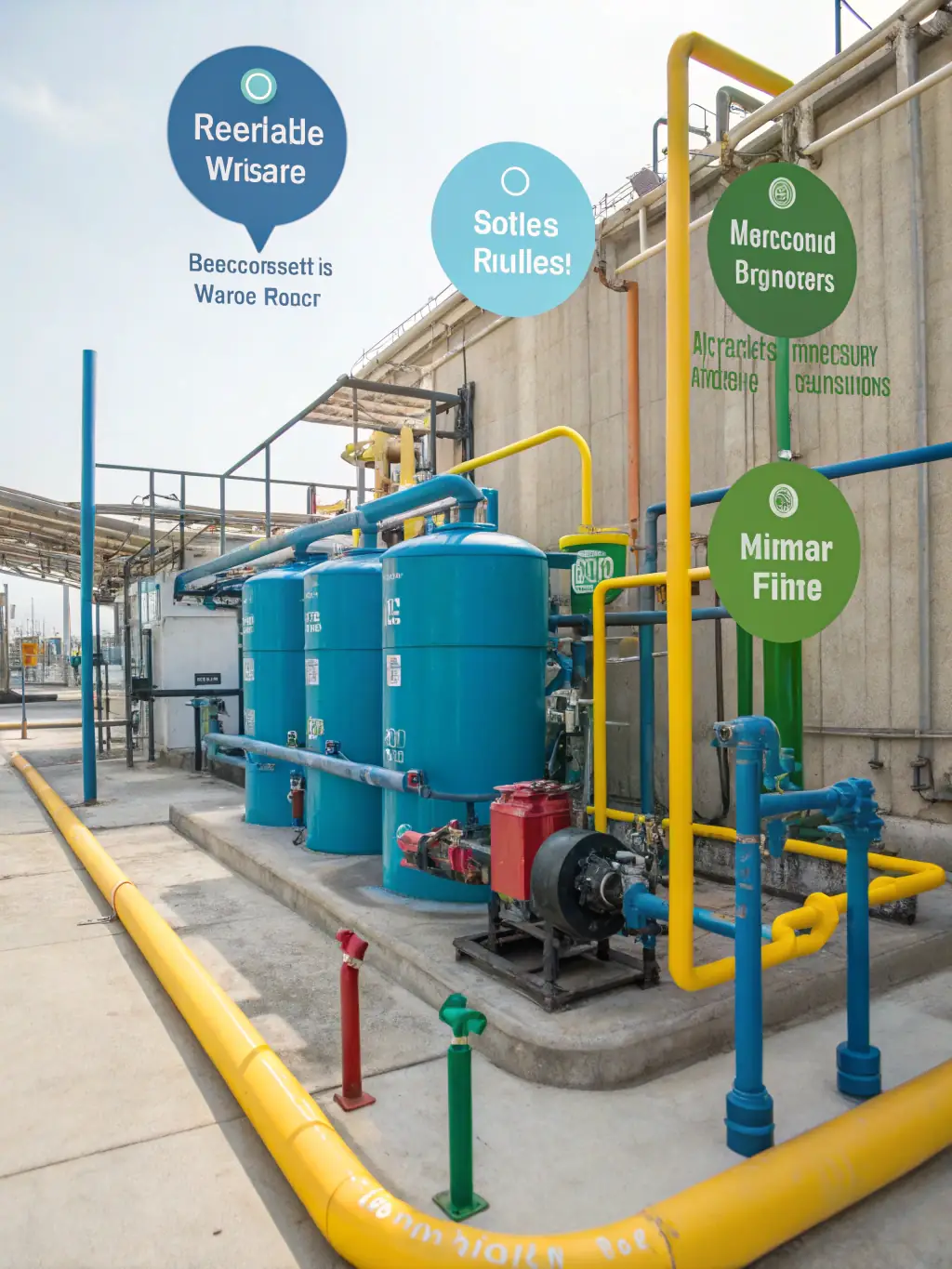 A visual representation of a water recycling process in an industrial setting, highlighting the steps involved in purifying and reusing water.