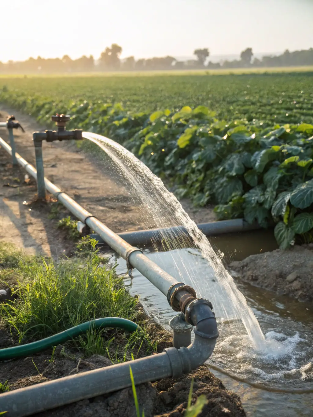 A close-up shot of a smart irrigation system in action, watering crops efficiently and minimizing water waste in an agricultural setting.