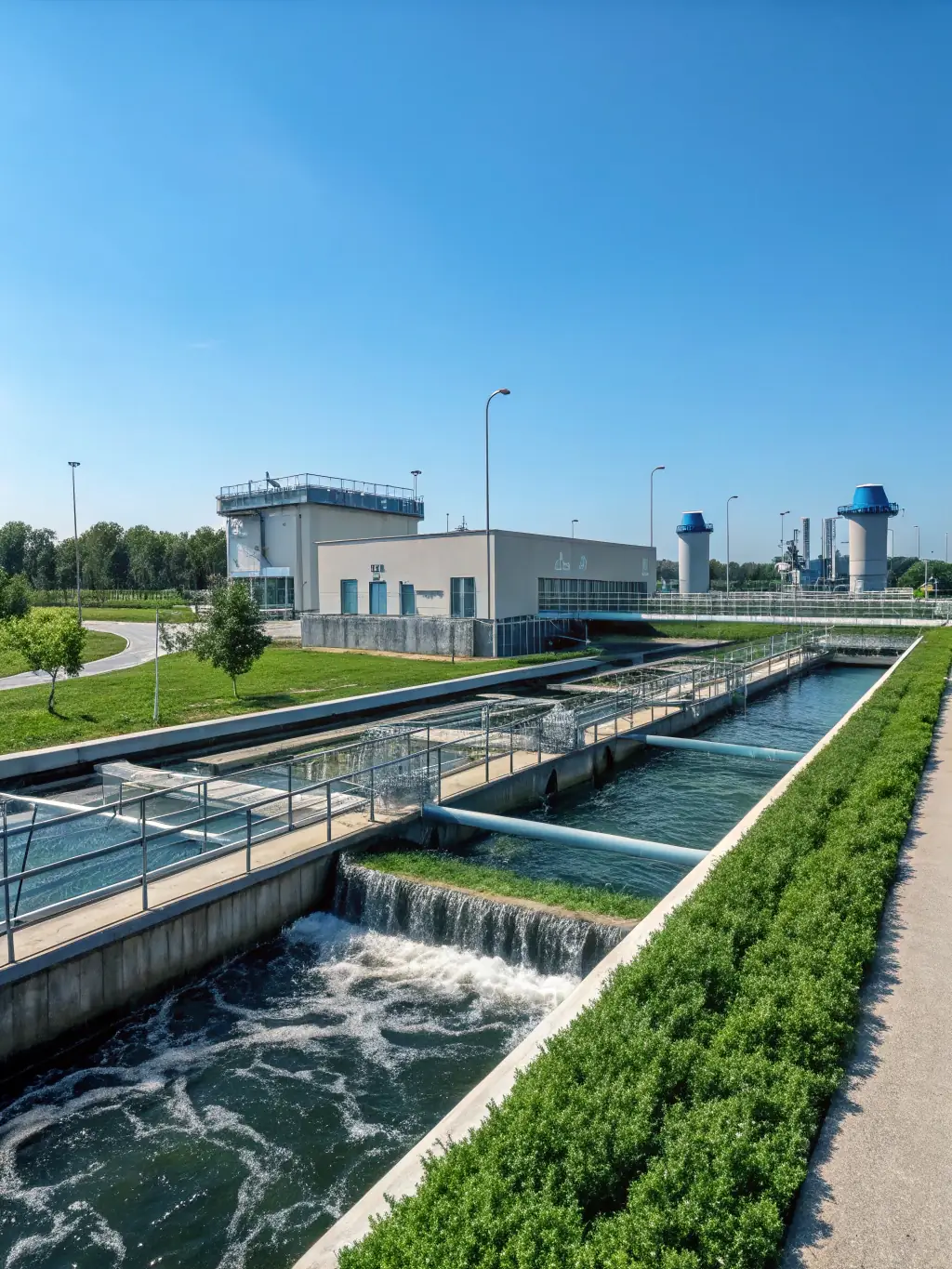 A digitally enhanced photograph of a modern water treatment plant with advanced filtration systems, showcasing GET's technological capabilities in water purification.